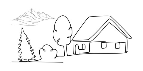 Landscape with village houses line drawing, Continuous one line drawing, Rural landscape continuous one line vector drawing. Lake house in the woods hand drawn silhouette.