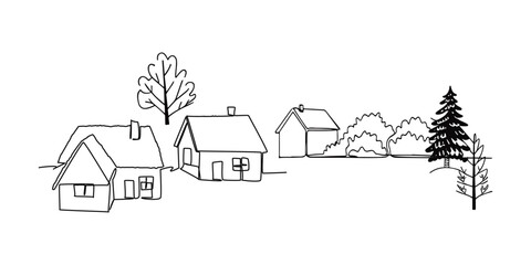 Landscape with village houses line drawing, Continuous one line drawing, Rural landscape continuous one line vector drawing. Lake house in the woods hand drawn silhouette.
