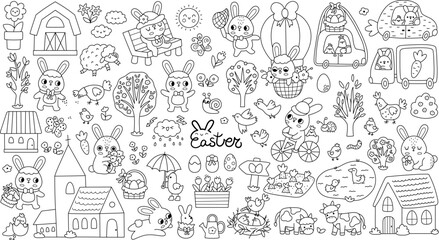 Vector Easter black and white clipart set. Cute line farm icons collection with bunny, chicks, church, colored eggs, basket, house. Festive illustrations for kids. Spring holiday coloring page