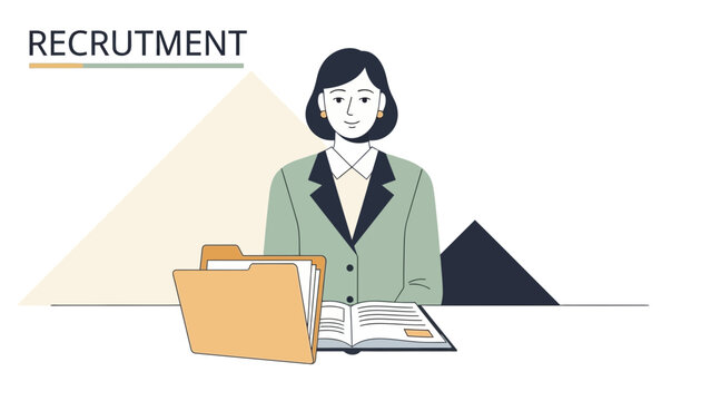Recruitment concept illustration with female recruiter, folders and open book.
