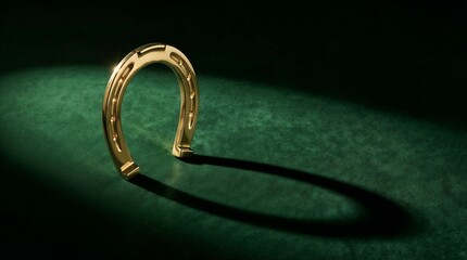 Golden horseshoe casting a shadow on a dark green background