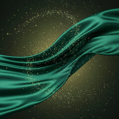Elegant green silk fabric with golden sparkles on a dark background
