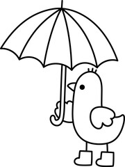 Vector bird standing under umbrella line icon. Spring or autumn animal with rain or rainy weather concept. Easter village character black and white illustration, coloring page for kids