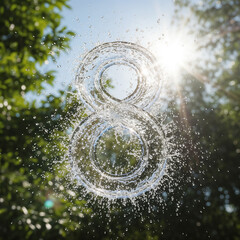 Water splash forming the number eight with sunlight background
