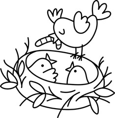 Vector line bird with worm in beak feeding nestlings in the nest. Farm or Easter village black and white illustration isolated on white background. Cute spring animal clipart or coloring page for kids