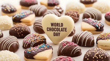 World chocolate day celebration with assorted chocolate treats and heart shaped cookie