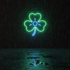 Neon clover sign glowing in the rain on a dark brick wall
