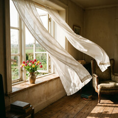 Cozy interior with flowing curtains and a vase of tulips by the window