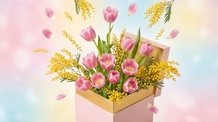 Beautiful bouquet of pink tulips and mimosa flowers in a gift box
