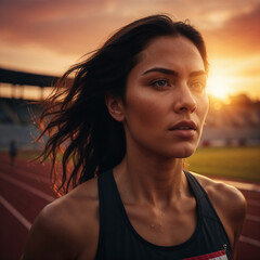 Female athlete running with determination at sunset on a sports track