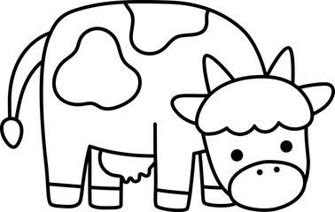 Vector cow line icon. Cute farm animal eating grass isolated on white background. Adorable black and white illustration or coloring page for kids. Funny spring or Easter village character