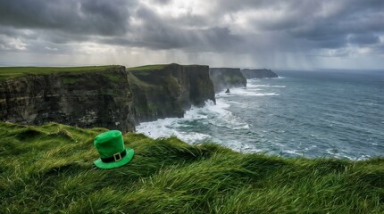Green leprechaun hat resting on a cliff by the ocean with dramatic sky 