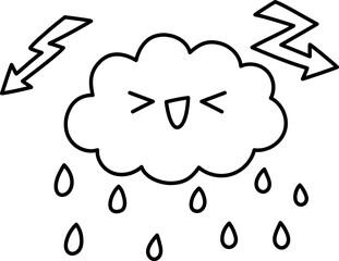 Cute smiling kawaii cloud with rain drops lightning icon. Vector black and white illustration. Storm concept picture isolated on white background. Spring symbol clipart, coloring page