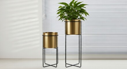 Modern brass plant stands with green houseplant by window blinds.