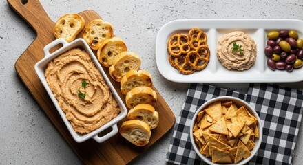 Assorted dip platter with crackers and chips