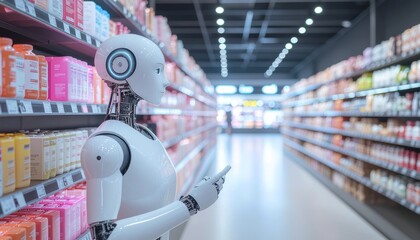 Robot shopper examining items on the shelves of a supermarket. The robot is holding a tablet, browsing the products