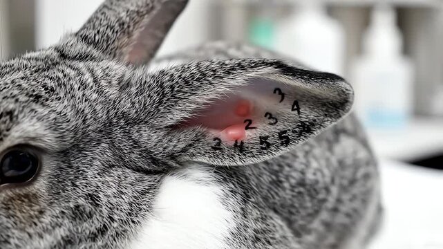 Close up of Scientist in Blue Gloves Examining Rabbit Ear With Red Bumps and Numbered Markings In Brightly Lit