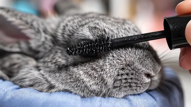 Fluffy Grey Rabbit Receives Mascara Application Close Up Soft Lighting Blue Cloth Background