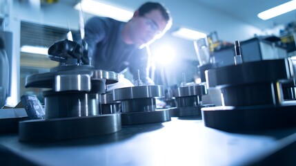 Aerospace quality control meticulous technician inspects precision forged components under bright lights