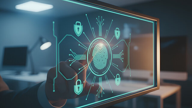 “Futuristic Cybersecurity Shield: Holographic UI on Transparent Display in Modern Office”

 - Powered by Adobe