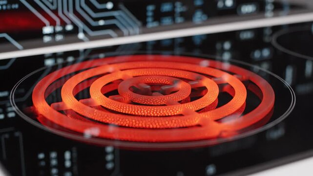 Electric stove cooktop heating element glowing red. Modern kitchen appliance with advanced technology. Heating and cooking process
