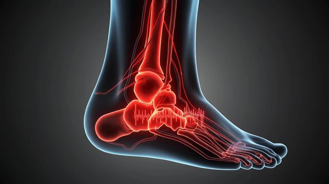 Medical Visualization of Human Foot Anatomy with Bone Structure and Veins on Dark Background for Educational Purpose