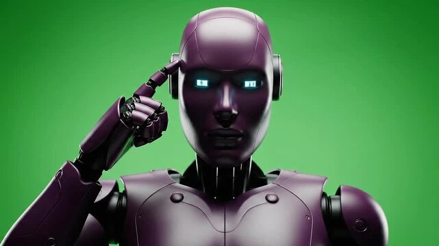 Portrait of Purple Robot with Glowing Eyes on Green Screen Background Close-up Detailed Rendered Futuristic Animation Technology