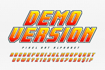 Plakat Original pixel alphabet. Retro video game style. High contrast and sharp, retro-futuristic design.