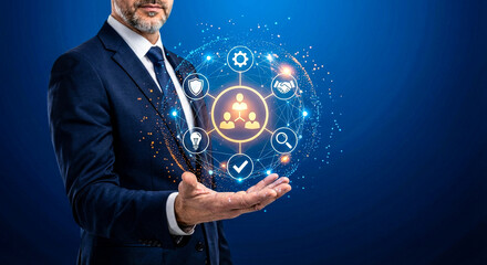 A businessman in a suit holds a glowing digital sphere illustrating a complex network of business icons and connections.