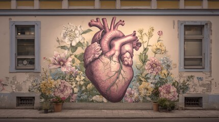 8k, realistic, full ultra HD, high resolution, cinematic photography A beautiful hand-painted mural of a heart surrounded by flowers on a city wall, symbolizing love and creativity