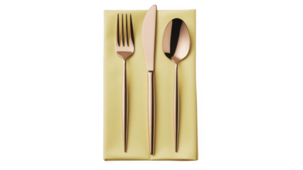 Rose gold cutlery on folded yellow napkin cutlery set isolated on a transparent background