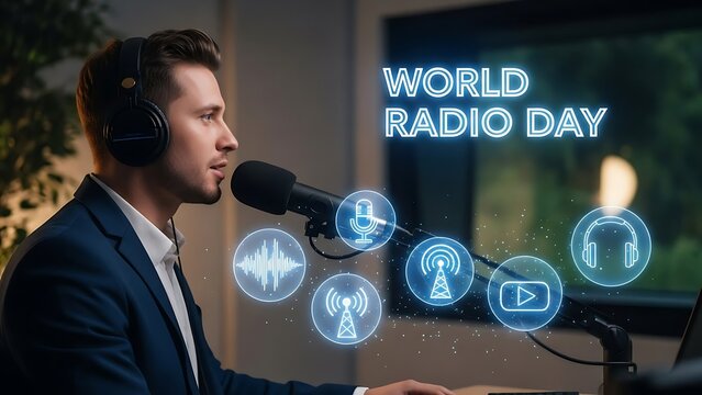 Man in suit and headphones speaking into microphone on world radio day with glowing icons