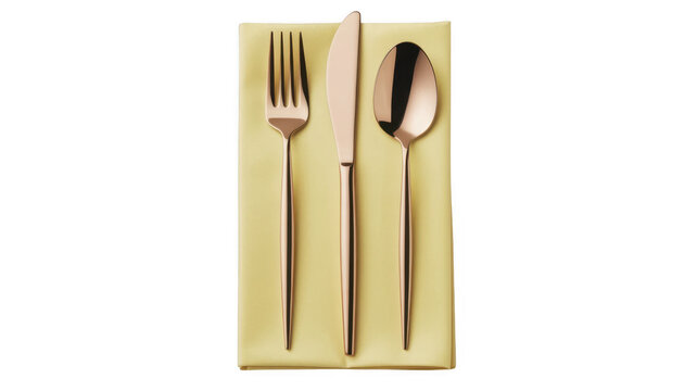 Rose gold cutlery on folded yellow napkin cutlery set isolated on a transparent background