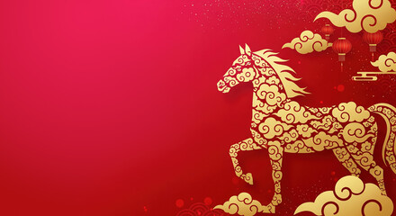 Year of the Horse 2026 Chinese New Year red background with golden horse and lanterns