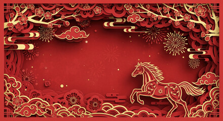 Red Chinese New Year 2026 horse papercut background with gold frame, blossoms, clouds and fireworks