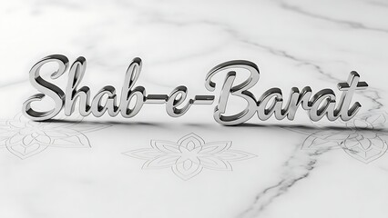 Silver chrome Shab-e-Barat 3D text on white marble. Clean luxury islamic festival typography.