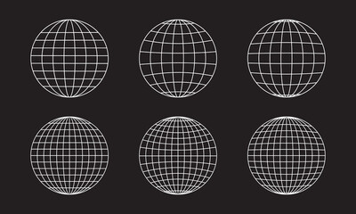 Set of simple white globe wireframes on black background. Orb models, sphere shapes, meshed balls. Earth planet or universe symbols with longitude and latitude lines. Vector graphic illustration