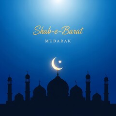 Shab-e-Barat Mubarak greeting with glowing moon. Blue islamic festival background with mosque.