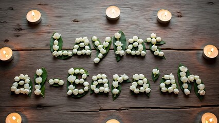 Laylat al-Bara'ah text made of white flowers on wood. Islamic holy night concept with candles.