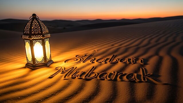 Shaban Mubarak written in desert sand with lantern. Sunset landscape for islamic month greeting.