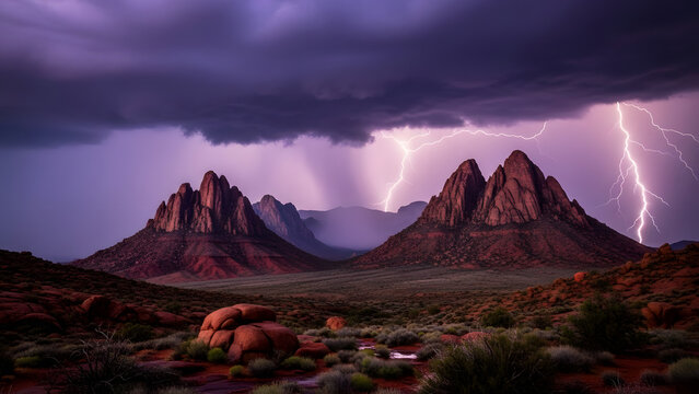 The jagged red granite peaks of the Shammar Mountains (Aja and Salma) under a dramatic purple thunderstorm sky in Saudi Arabia. Raw and powerful.