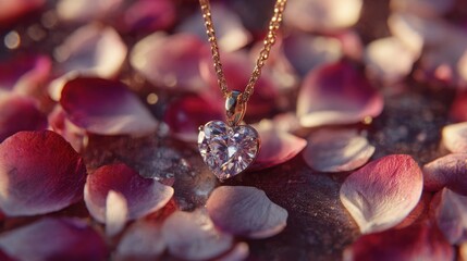 8k, realistic, full ultra HD, high resolution, cinematic photography A close-up of a heart-shaped pendant necklace resting on a bed of rose petals, with soft lighting highlighting its brilliance