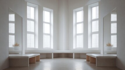 Fototapeta premium Empty room with large windows that let in natural light. the room has white walls and flooring, and the windows are arranged in a grid-like pattern.
