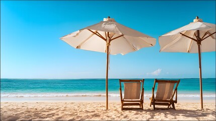 Fototapeta premium Tropical Beach Relaxation Two Deckchairs Under Umbrellas Serene Vacation Lifestyle Stock Photo Image