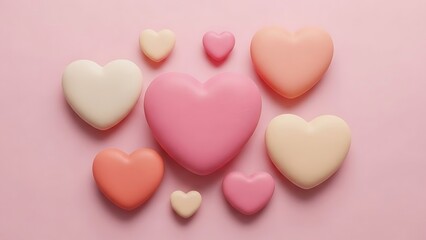 Collection of pastel colored hearts on a pink background