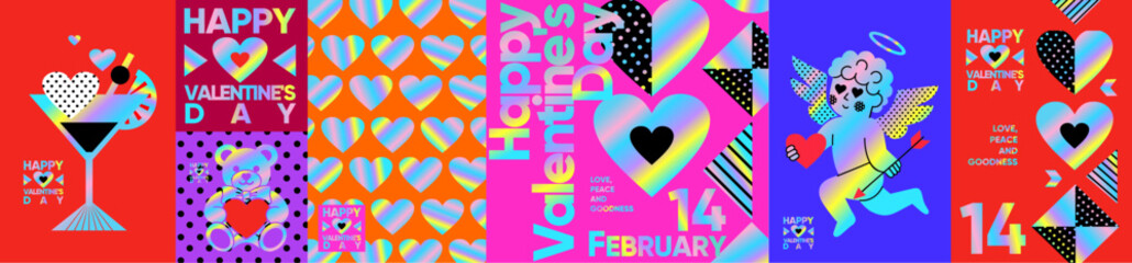 Happy Valentine's Day. Vector abstract holographic illustrations of a love pattern with hearts, cupid, teddy bear, and modern typography for a greeting card, holiday poster, background, or postcard