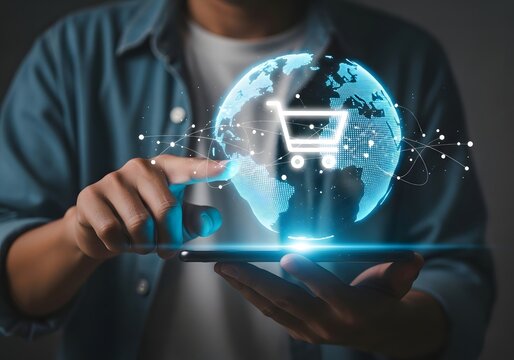 Person using a tablet with a digital globe and shopping cart overlay for online shopping concept - Powered by Adobe