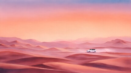 Watercolor Car Adventure Sunset Desert Landscape Warm Tones Open Road Freedom Artistic Illustration