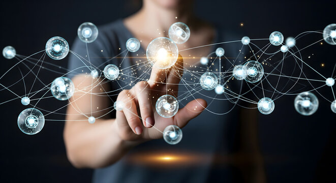Modern illustration of human in the loop with a hand touching glowing digital nodes, representing human judgment, balance, and guidance within automated and intelligent systems.