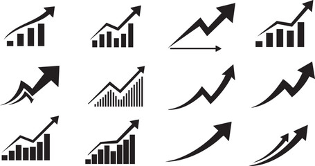 Business growth arrow icons set with upward charts, financial progress and success symbols in black silhouette